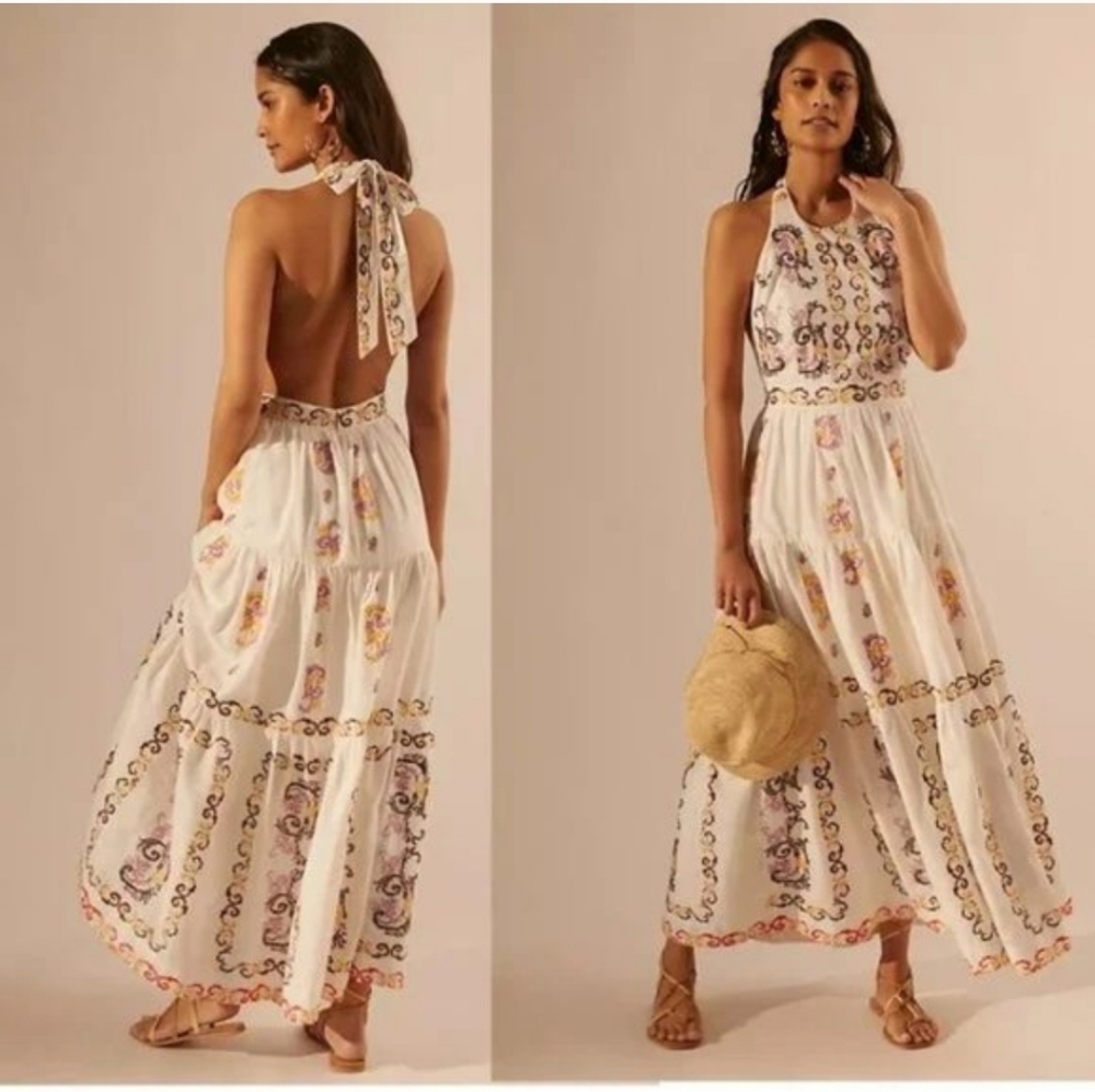 NWT Anthropologie Embroidered Halter Maxi Dress Size 12 In Ivory - Picture 3 of 14